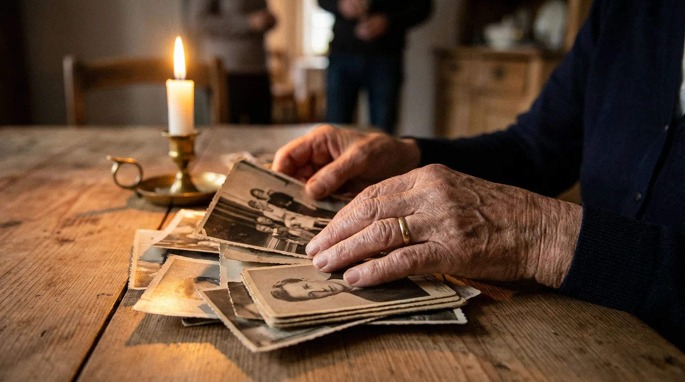 Elderly woman holding cherished family photos that will be transformed into an AI life journey video, warm nostalgic lighting