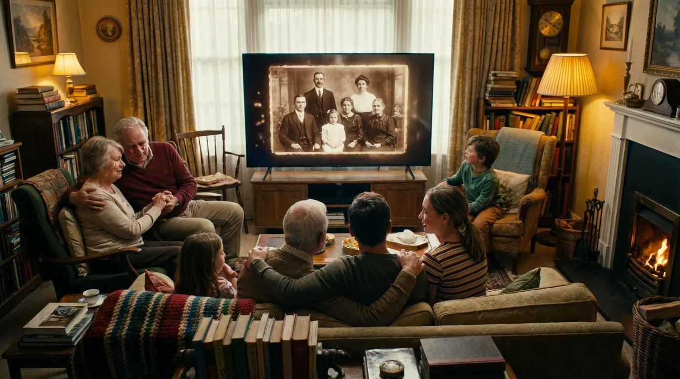Multi-generational family watching a cinematic AI video that helps bring old photos to life on a living room television screen