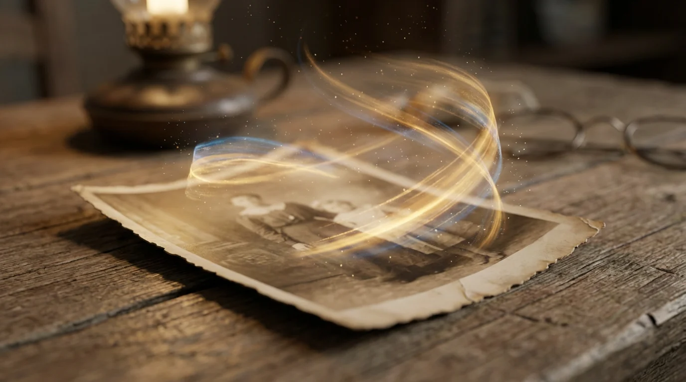 Vintage photograph glowing with soft light suggesting AI photo animation bringing a still image to life, cinematic photorealistic close-up