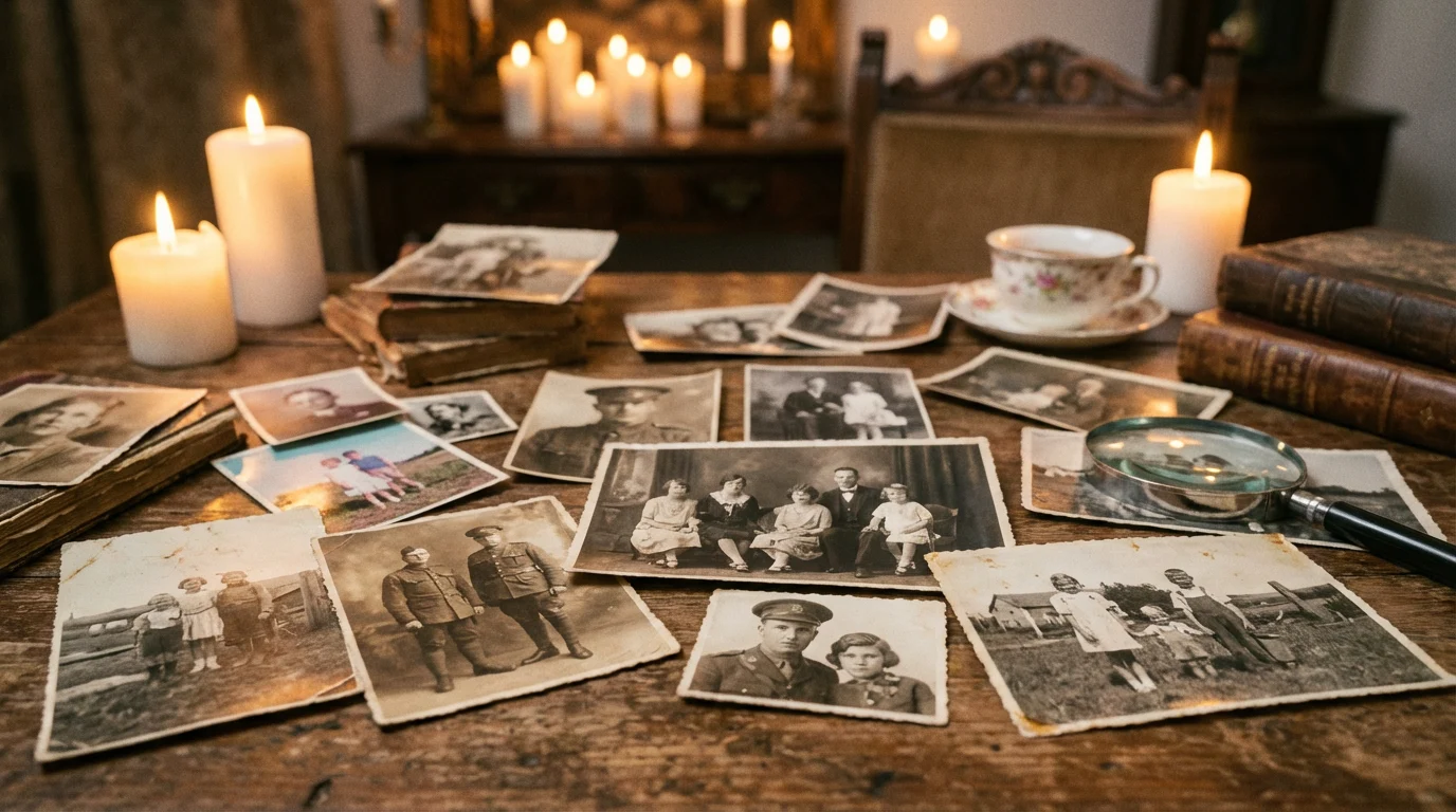 Vintage family photos spread on a wooden table, symbolizing the memories captured in a life journey video tribute