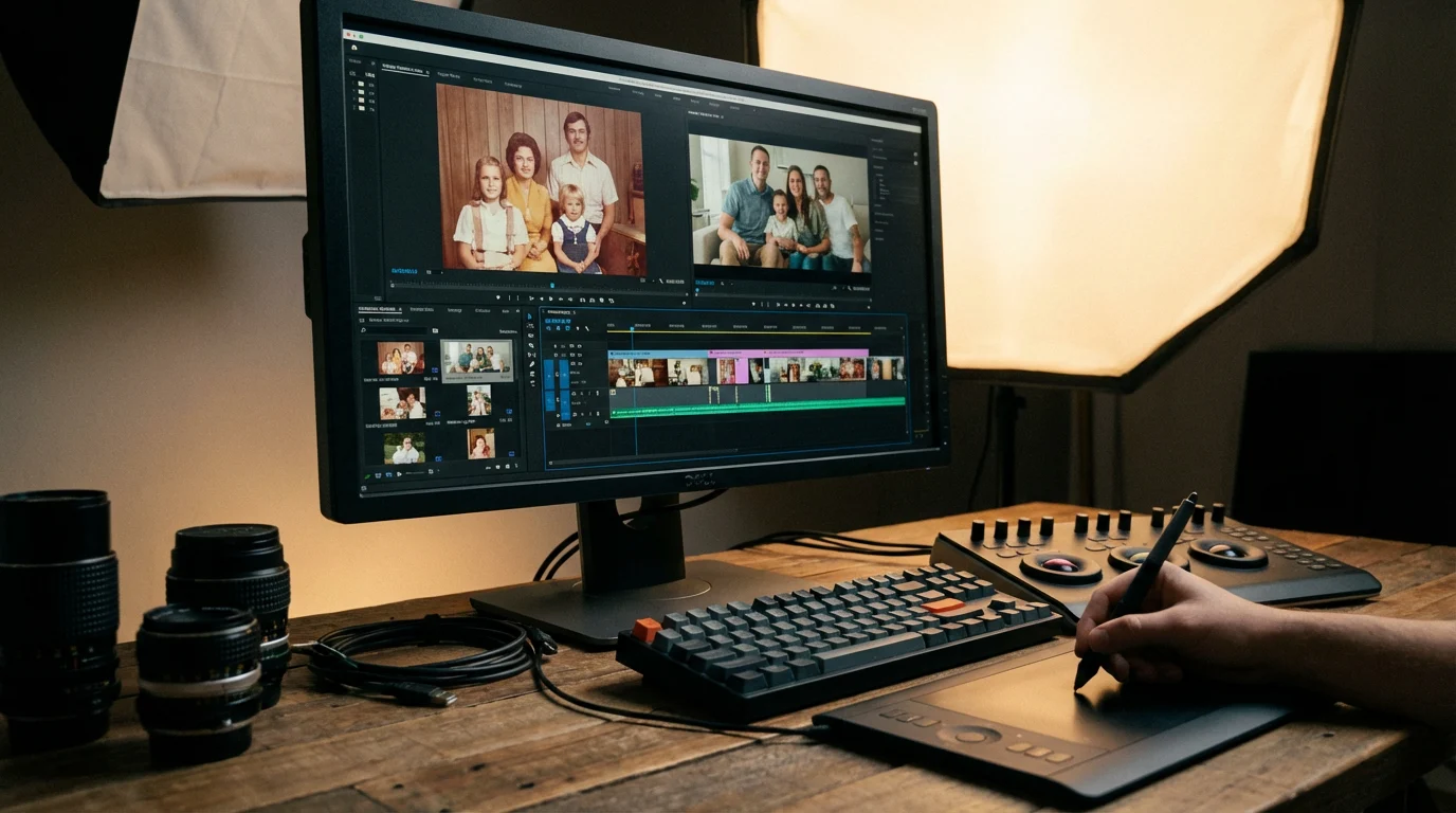 Creative professional editing an AI video from photos on a large monitor, cinematic color grading, family photos on timeline