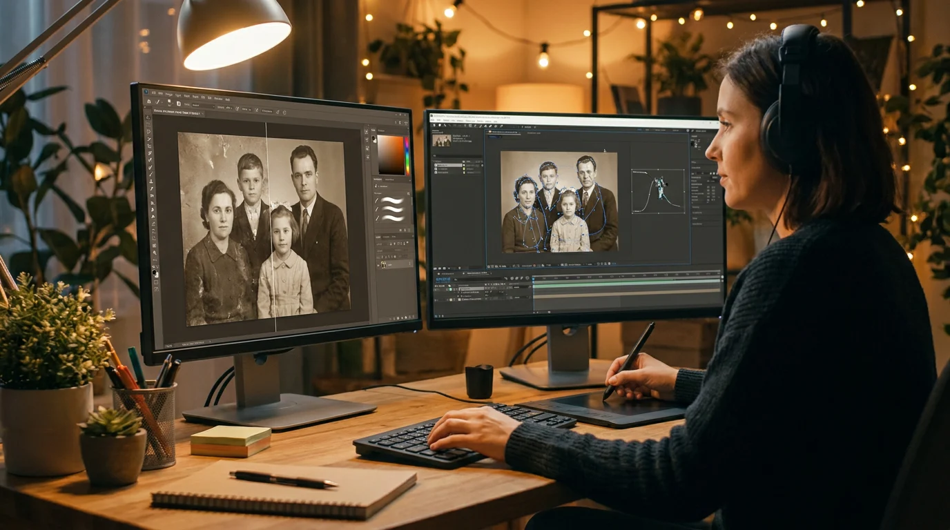 Professional video editor using AI software to animate old photos on dual monitors in a warm creative studio, photorealistic