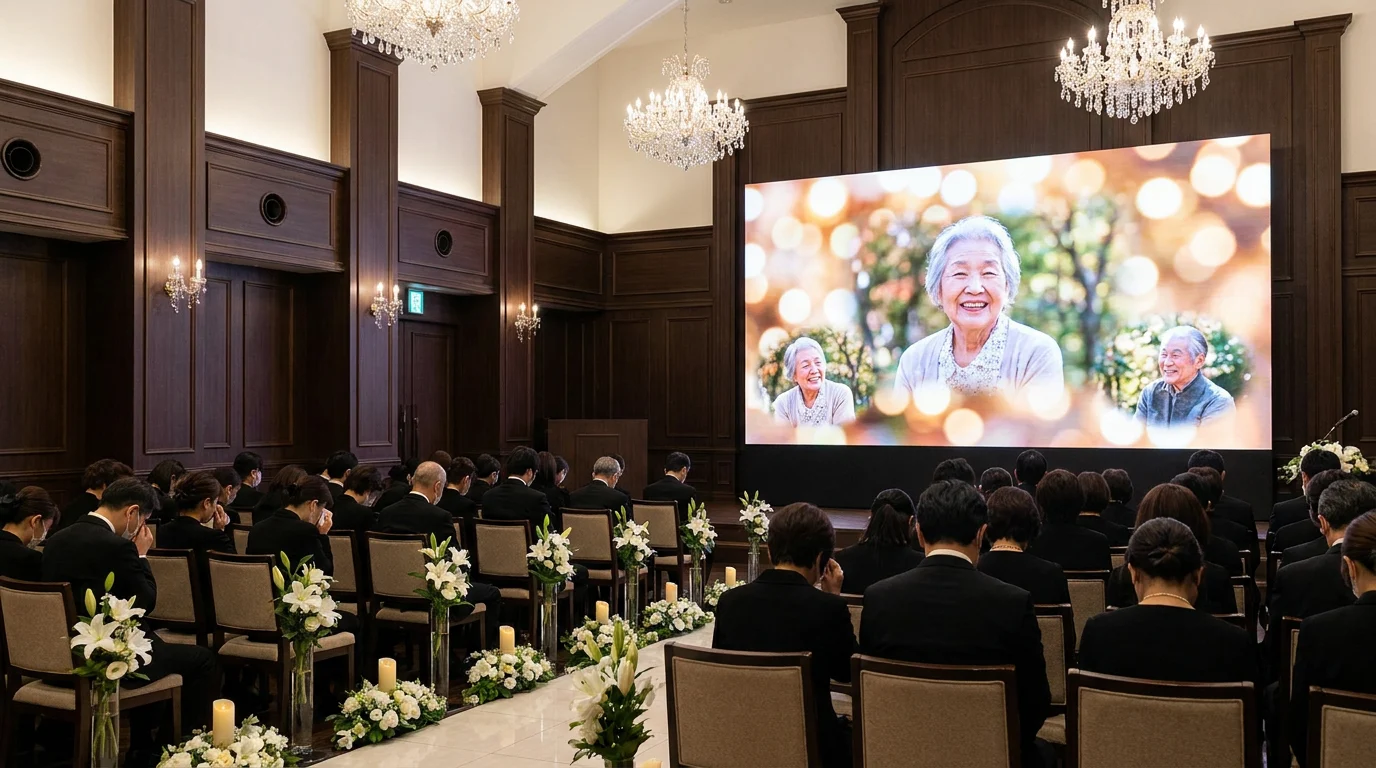Guests at a memorial service watching a tribute video AI cinematic presentation on a large screen, soft emotional lighting