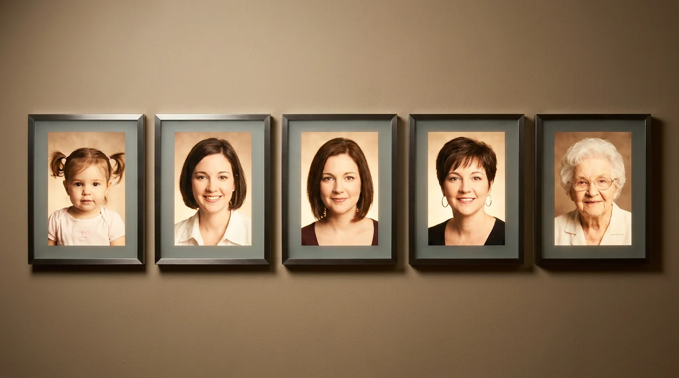 Cinematic portrait series showing one woman across multiple life stages, illustrating the concept of an AI age progression video