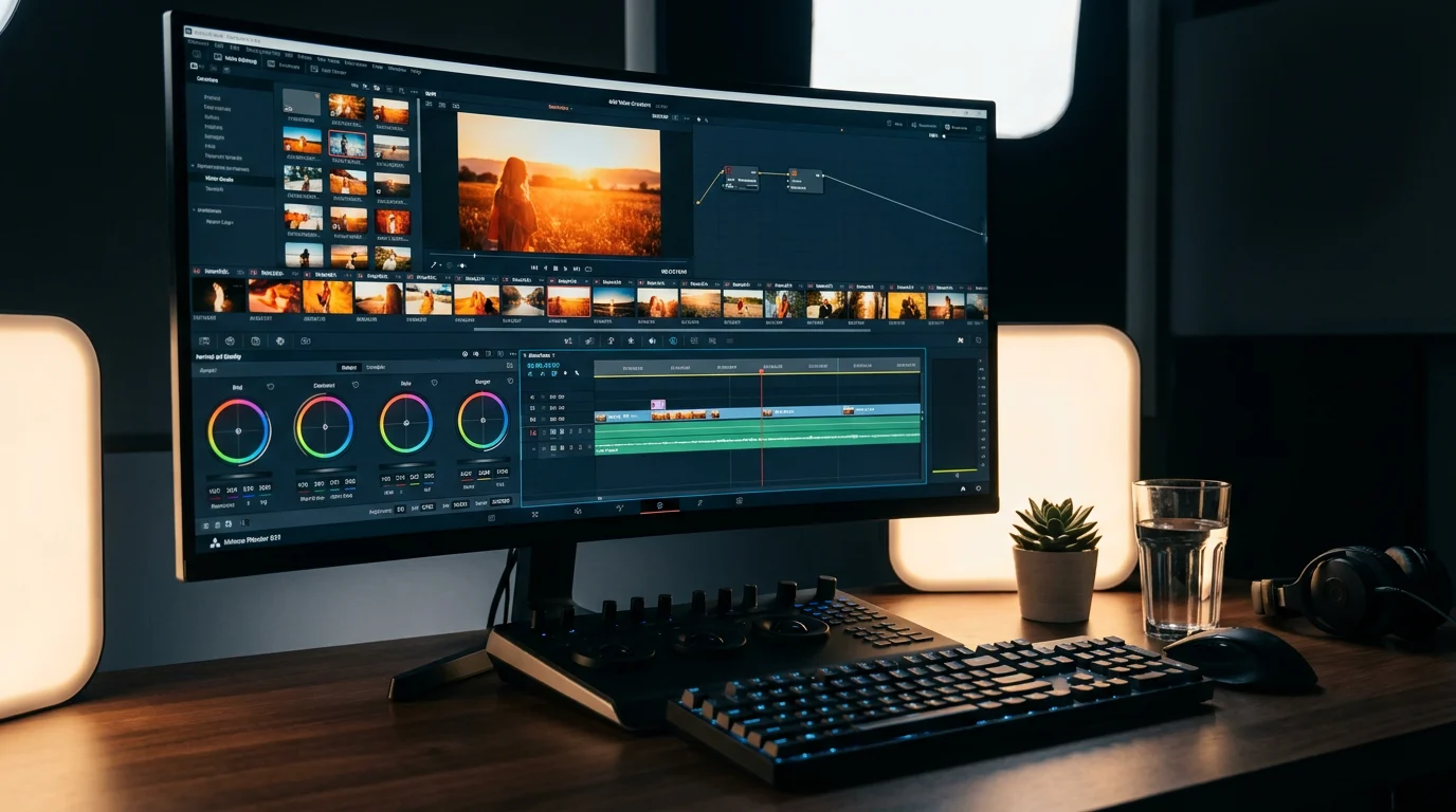 Professional editing workstation displaying a cinematic photo video timeline with warm color grading and studio lighting