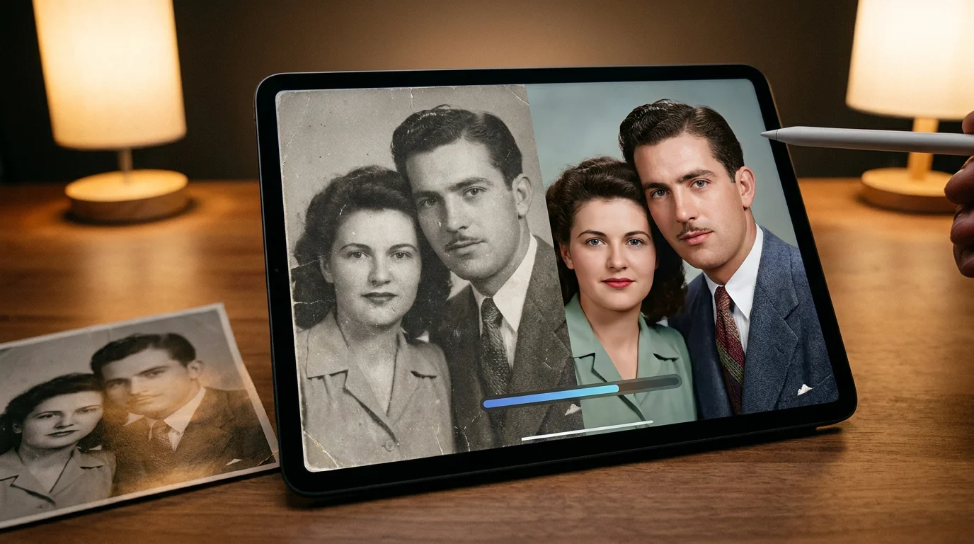 Vintage black-and-white photo being enhanced and colorized on a tablet screen, showing how AI can revive old photos beautifully