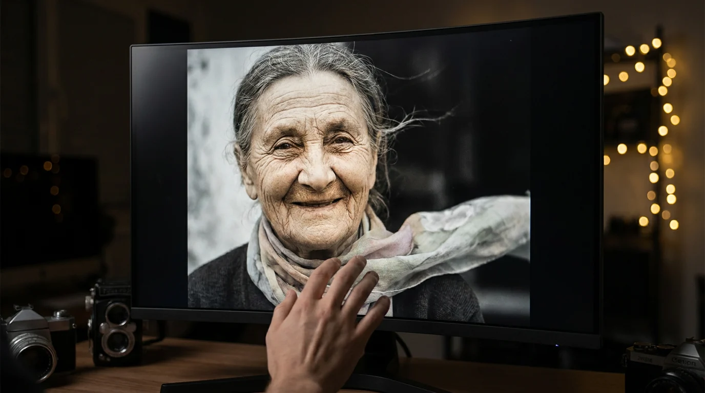 Restored and animated vintage photograph used in an AI memorial video for funeral home tribute, displayed on a professional screen