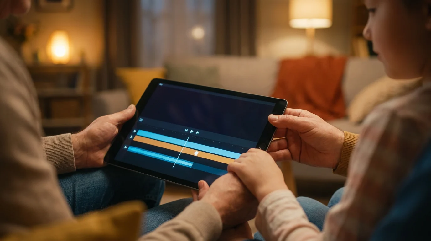 Family using a tablet to view a photo to video AI service result, showcasing cinematic memory storytelling on a digital screen