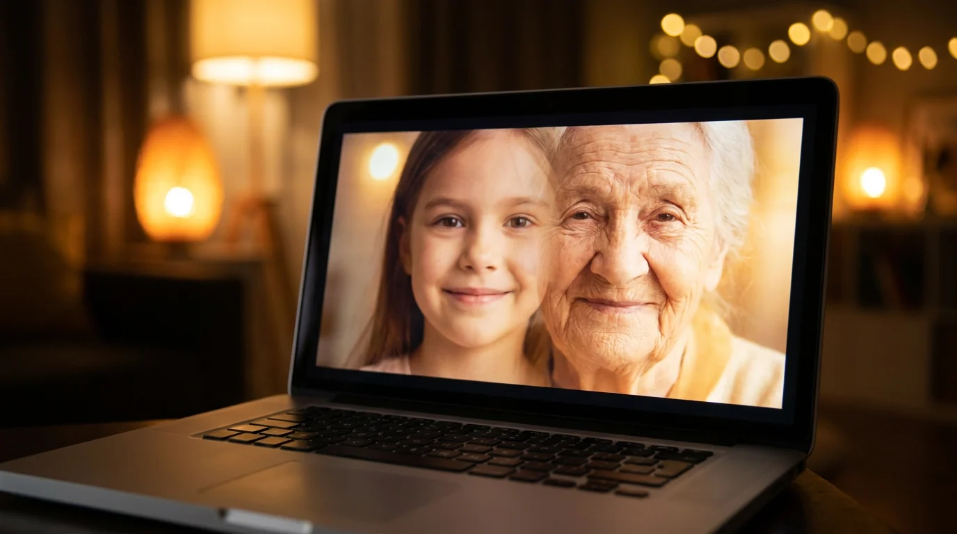 Age morph video transition on a laptop screen showing a young girl smoothly morphing into an elderly grandmother in soft light