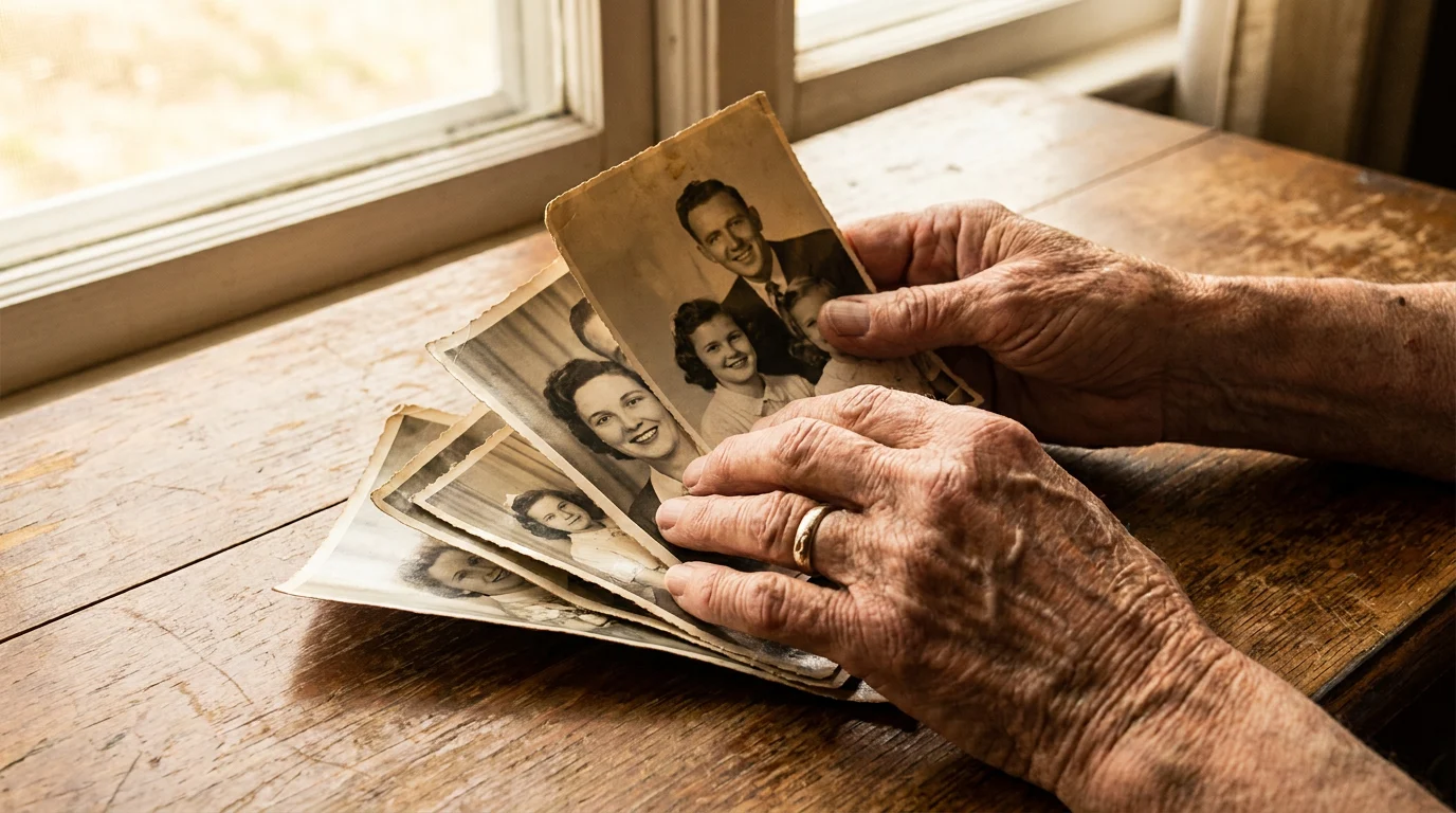 Elderly hands holding vintage family photos representing the emotional memory video creation process, warm natural lighting