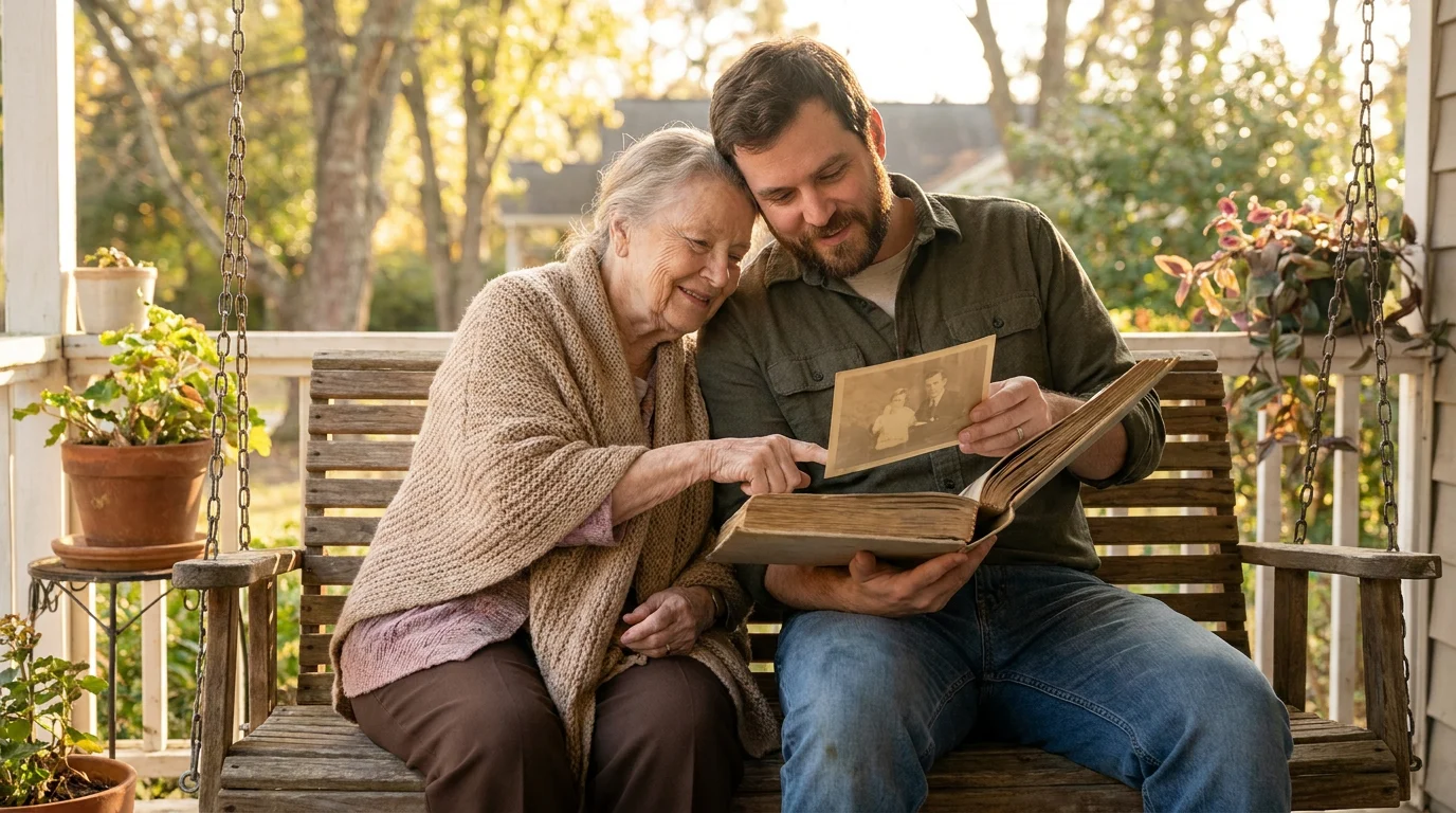 Grandmother and adult grandchild sharing a childhood to adulthood video memory through an old photo album on a sunlit porch
