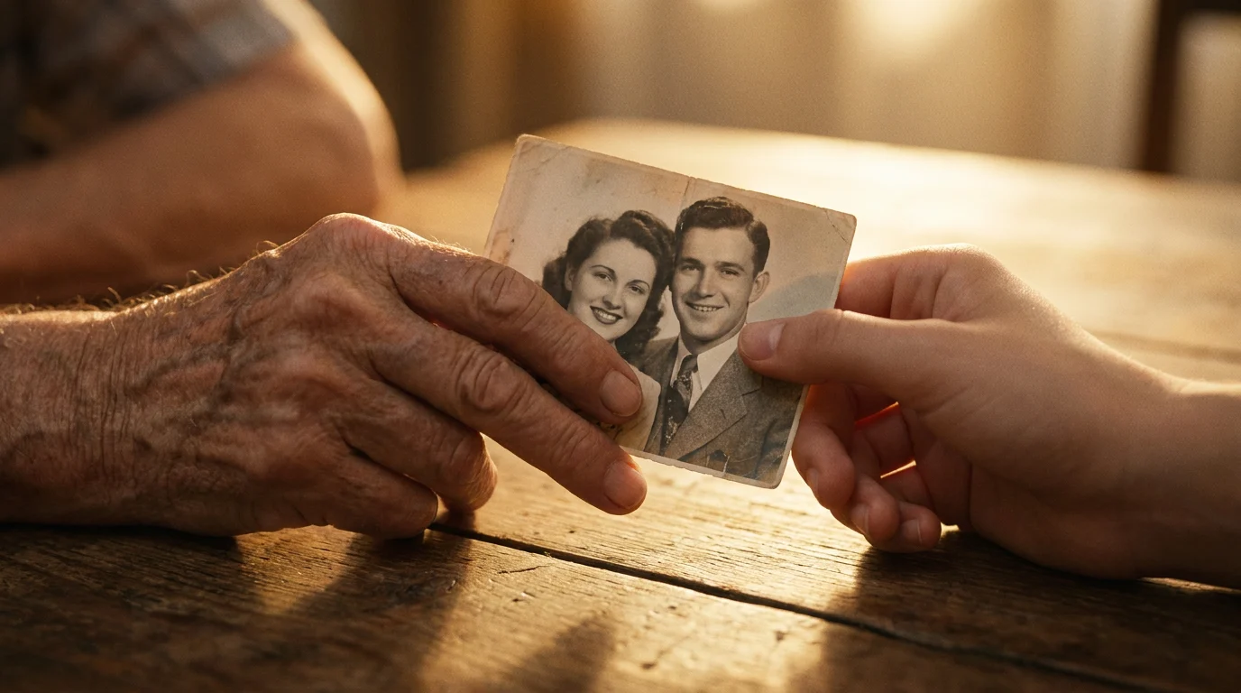 Family hands holding an old photograph used to create an AI aging video tribute, warm and emotional moment