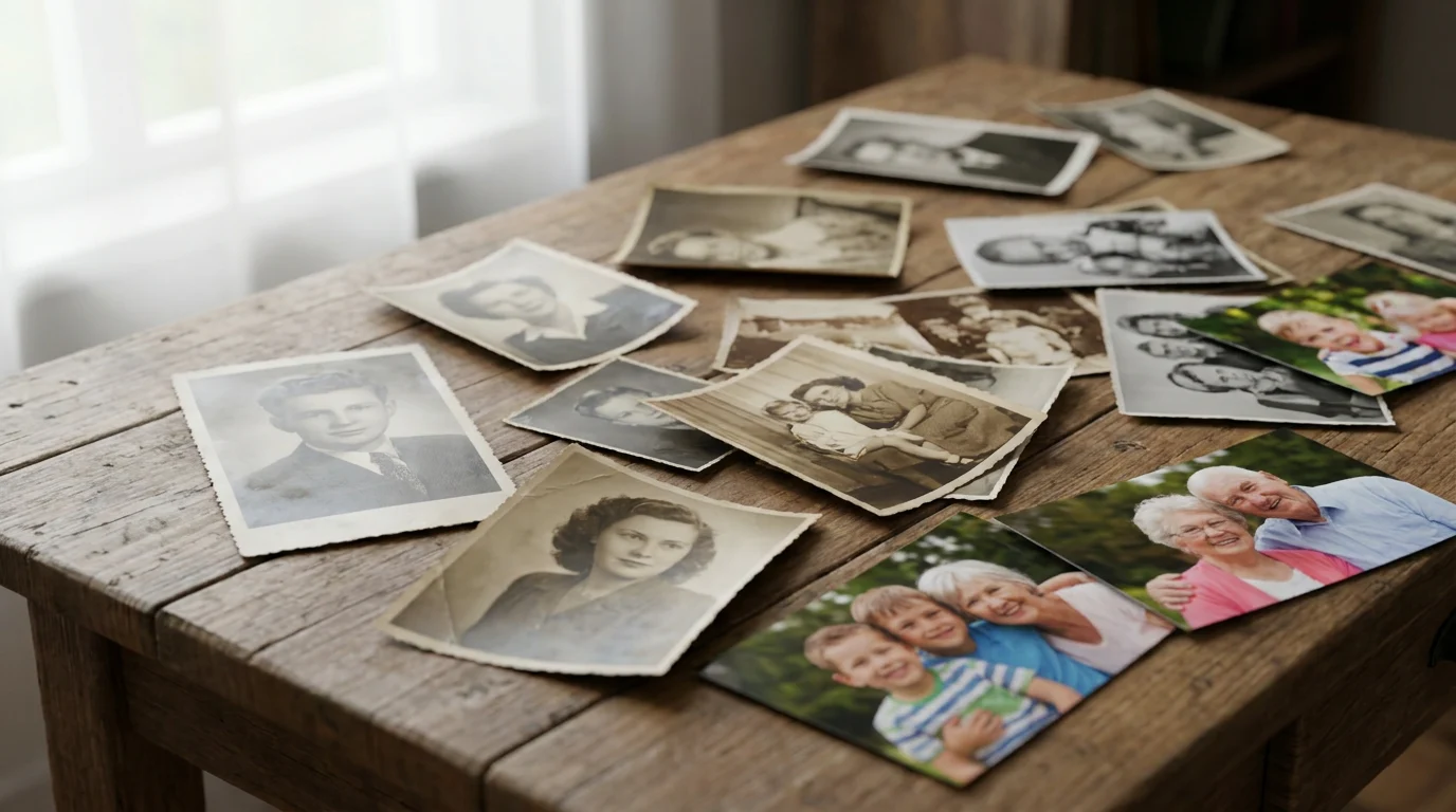 Collection of multigenerational family photographs on a wooden table representing the ingredients of a heartfelt family memory video