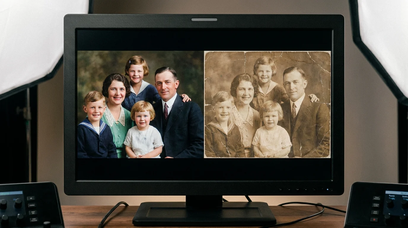 Side-by-side comparison of original faded vintage portrait and restored colorized version used in an old photo restoration video production