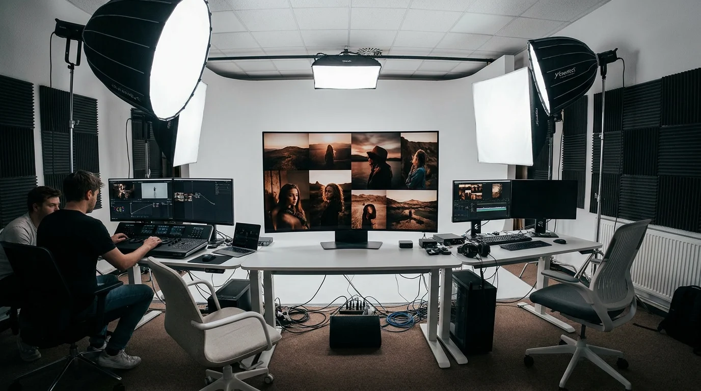 Professional editing workspace showcasing the creation of a cinematic memory video with rich color grading and photo storytelling