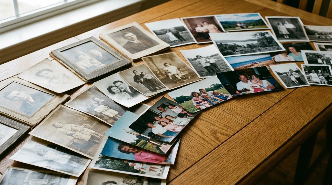 A curated collection of family photographs spread on a wooden table, the first step in creating a life story video from photos