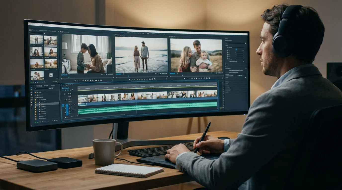 Creative specialist reviewing a photo slideshow AI animation timeline on a professional monitor, cinematic family photos displayed with rich color grading