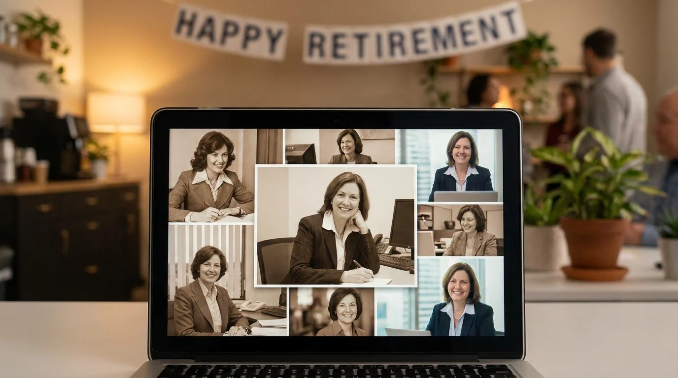 Laptop screen showing an AI video gift for retiring employee featuring animated career photos in a warm office setting