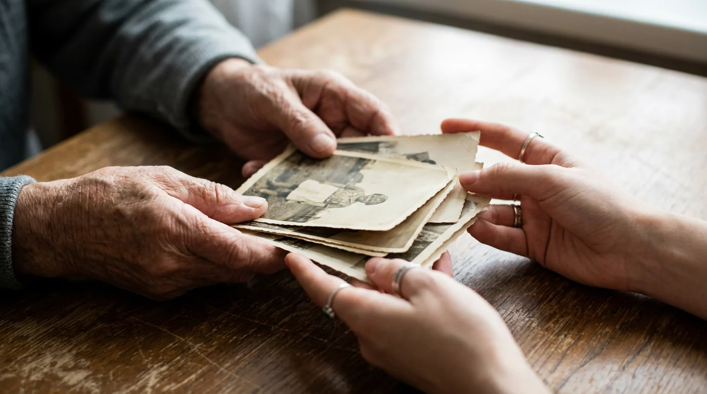 Hands holding vintage family photographs representing memories used in a life journey video package, warm natural light, close-up detail