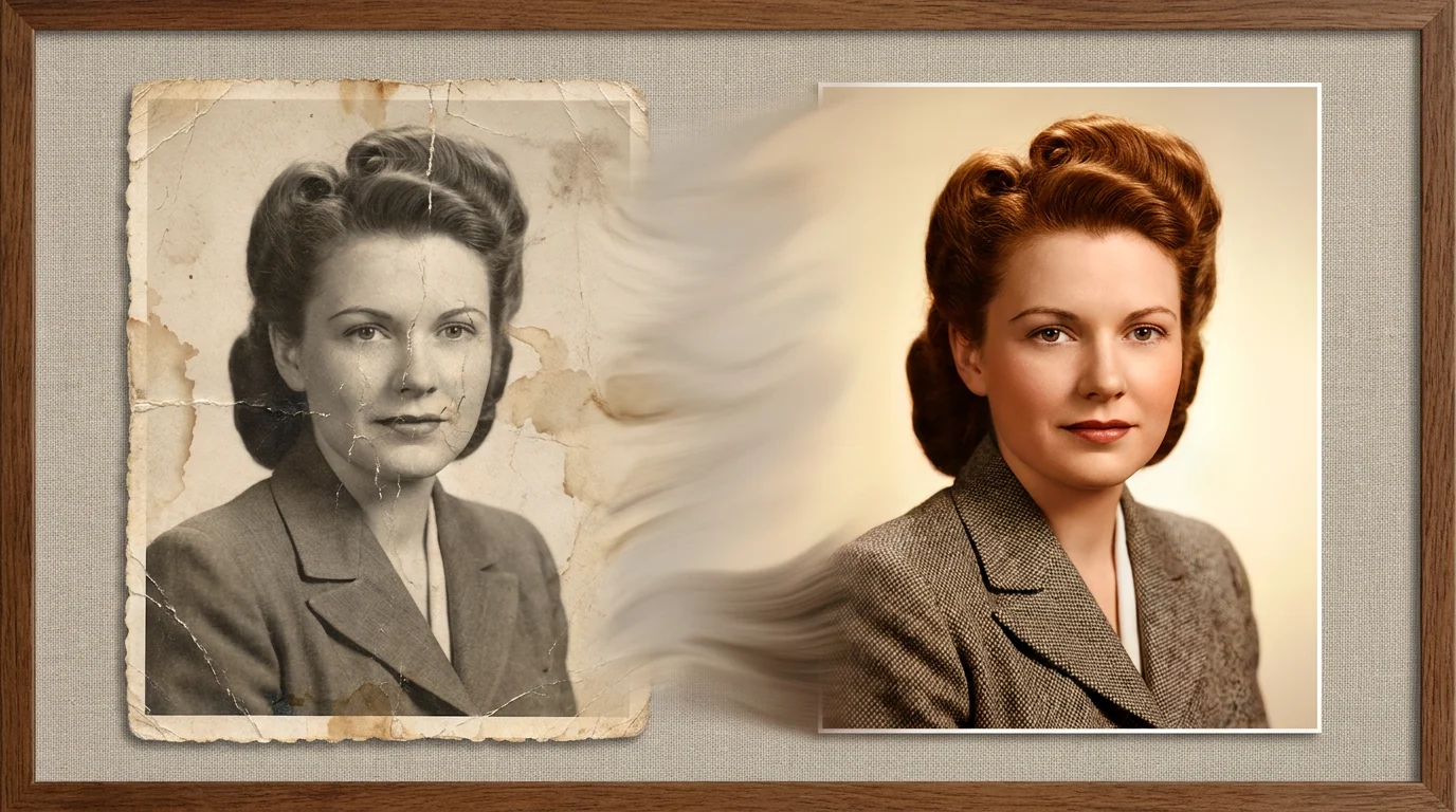 Before and after comparison showing how to colorize and animate old black and white photos using AI restoration technology