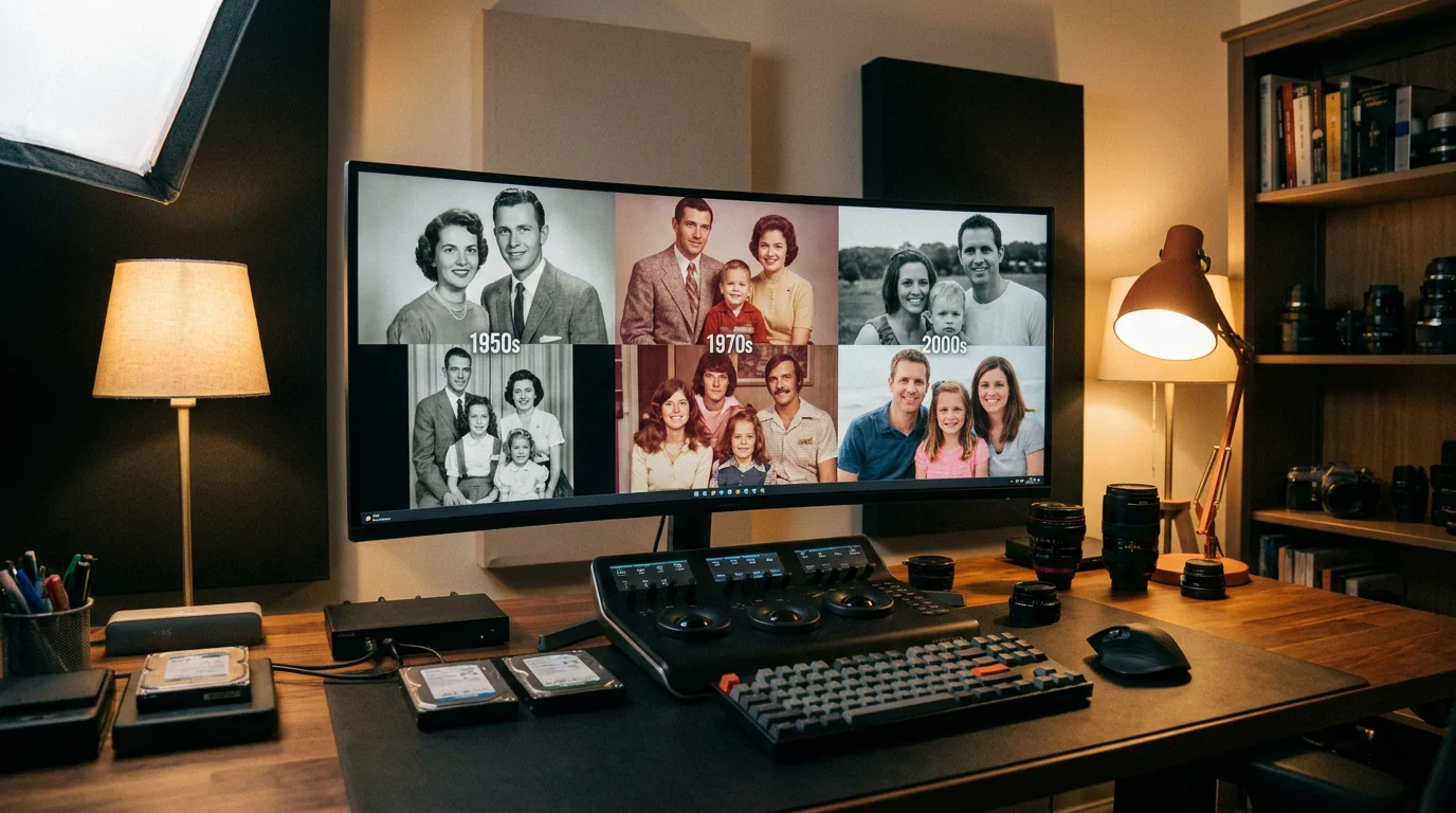 Professional editing workstation displaying a cinematic AI life journey video montage of family memories across multiple generations in warm light
