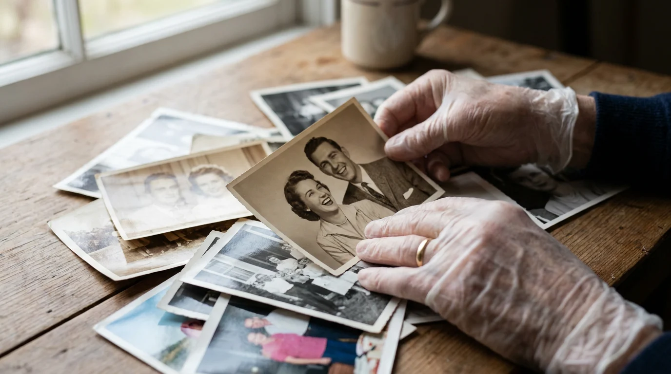 Hands carefully holding a collection of personal family photographs on a warm wooden table, representing the memories used in an AI life journey video