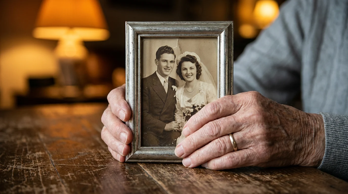 Elderly hands holding a vintage wedding photo, representing a life journey video tribute honoring decades of love and memory