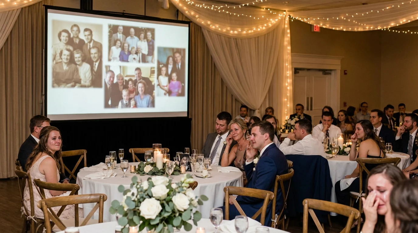 Guests at a memorial service watching an AI life journey video projected on a large screen in an elegant event venue