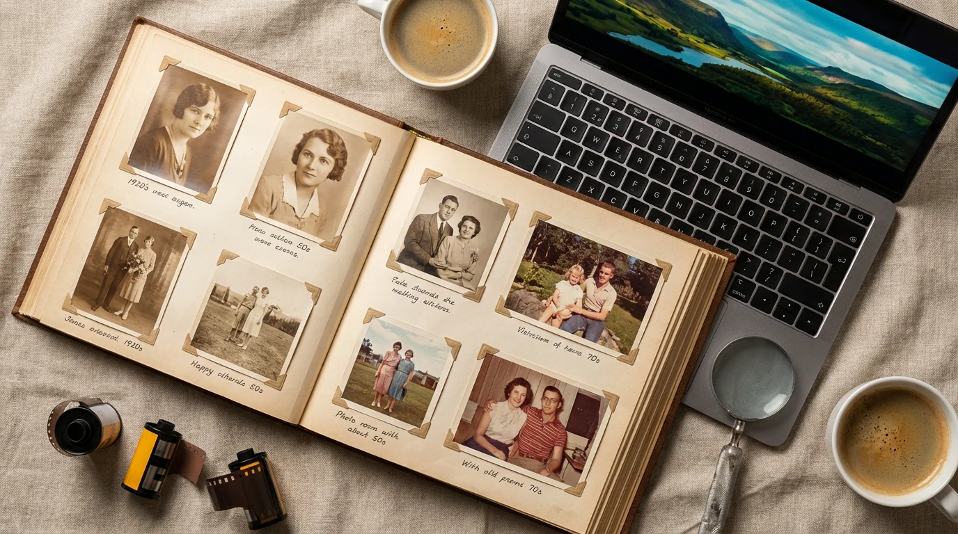 Vintage photo album alongside a laptop showing an AI-powered cinematic video — a modern way to bring old photos to life beautifully