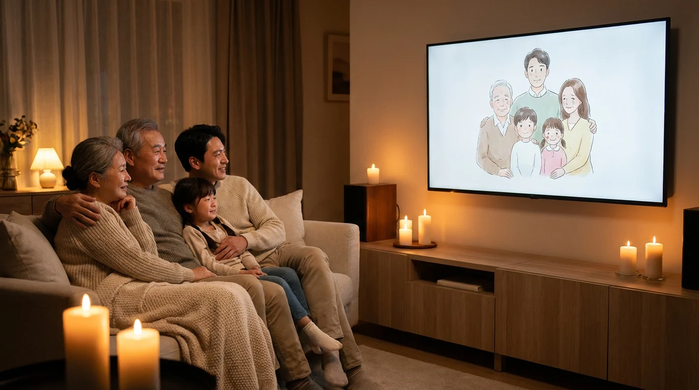 Three generations of a family watching an AI photo animation life journey video together on a large screen, warm emotional photorealistic scene