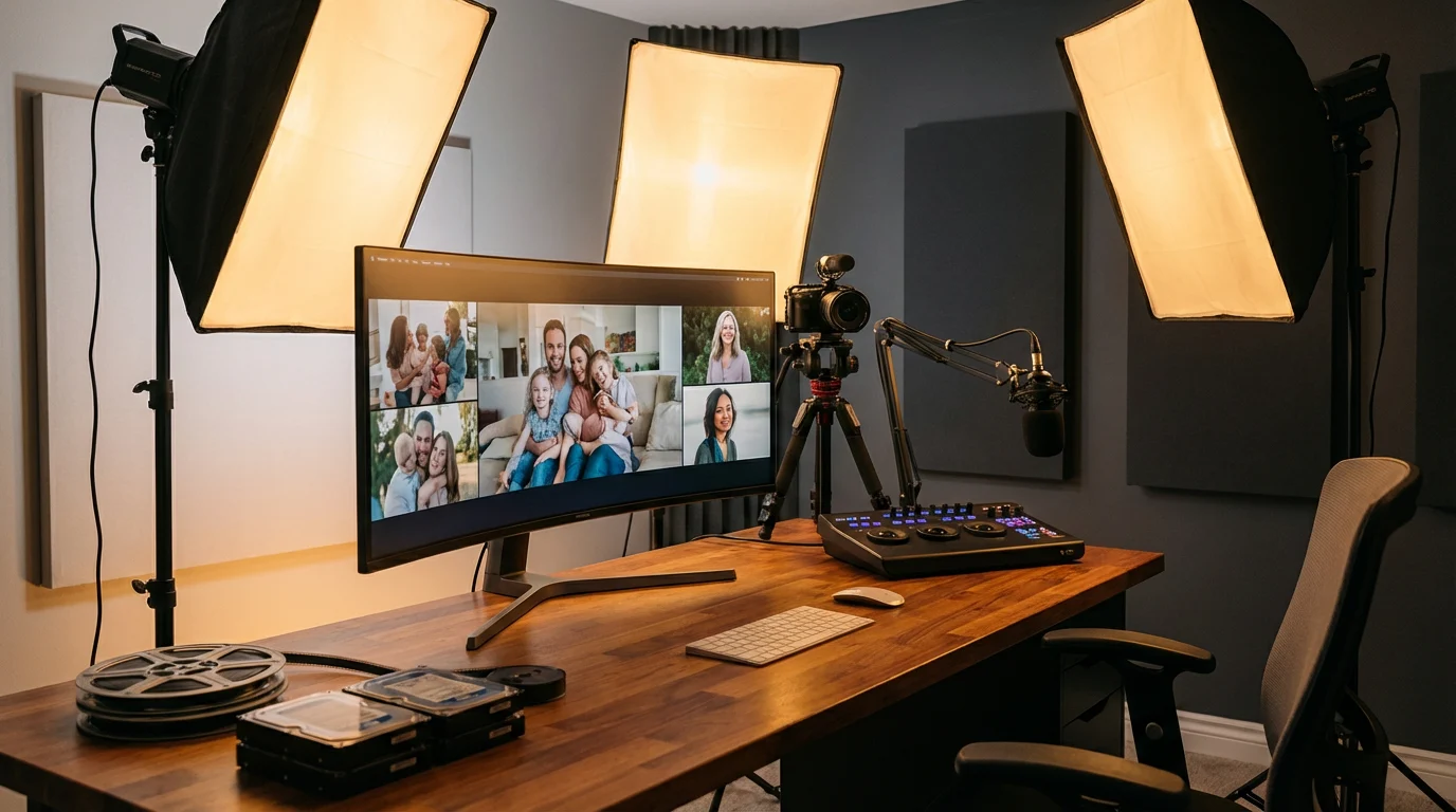 A cinematic life journey video being produced on a professional monitor in a modern studio setting, warm lighting