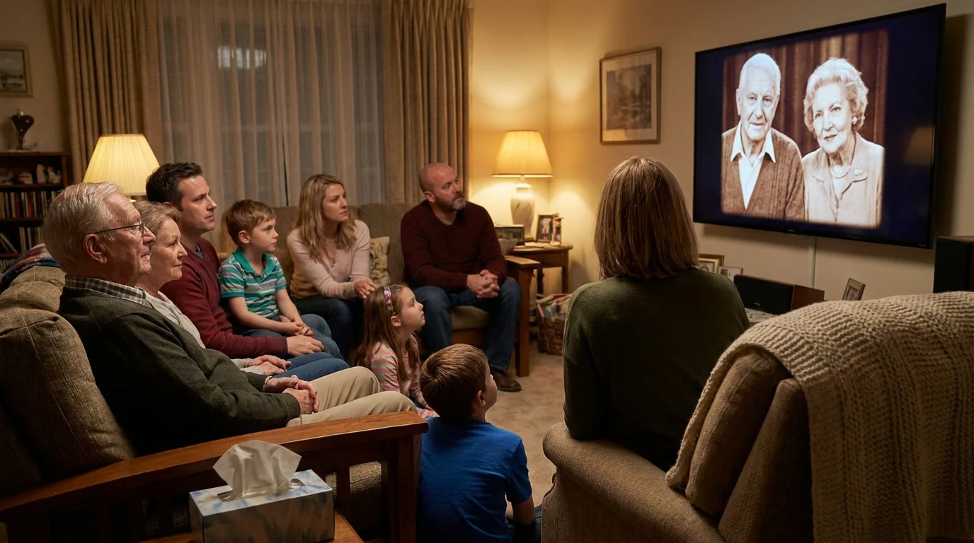 Family watching an AI-animated old photos tribute video together in a warm living room, emotional multigenerational moment, cinematic screen glow