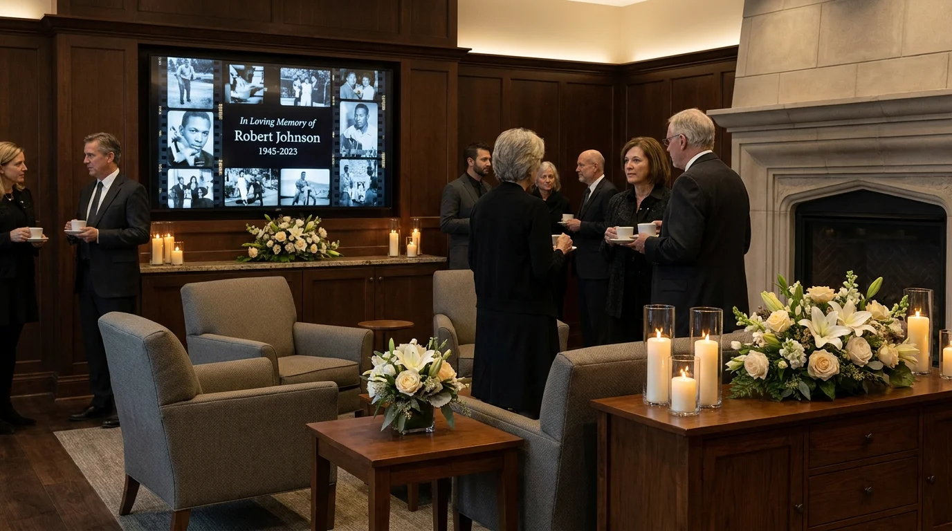 Elegant funeral home reception room featuring a cinematic memorial video service display with soft candlelight