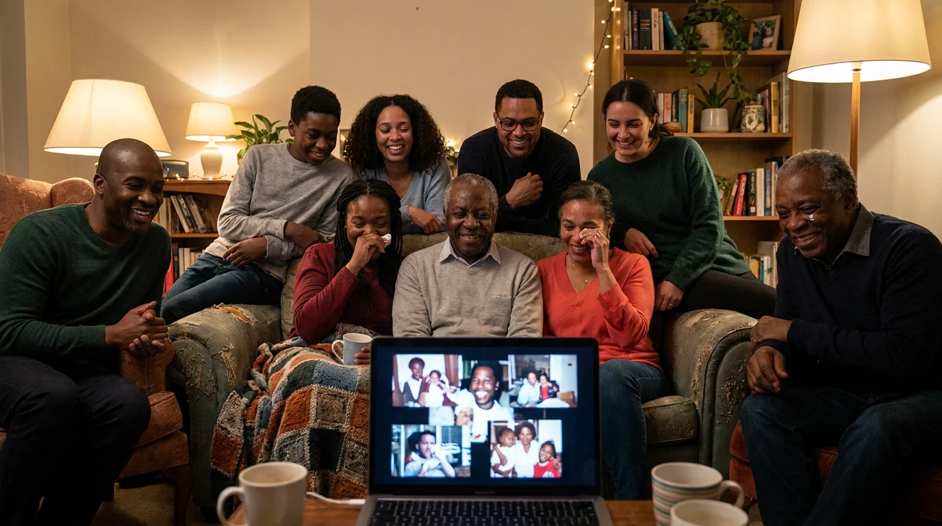 Family members of different generations watching a tribute video AI life journey compilation together on a laptop at home