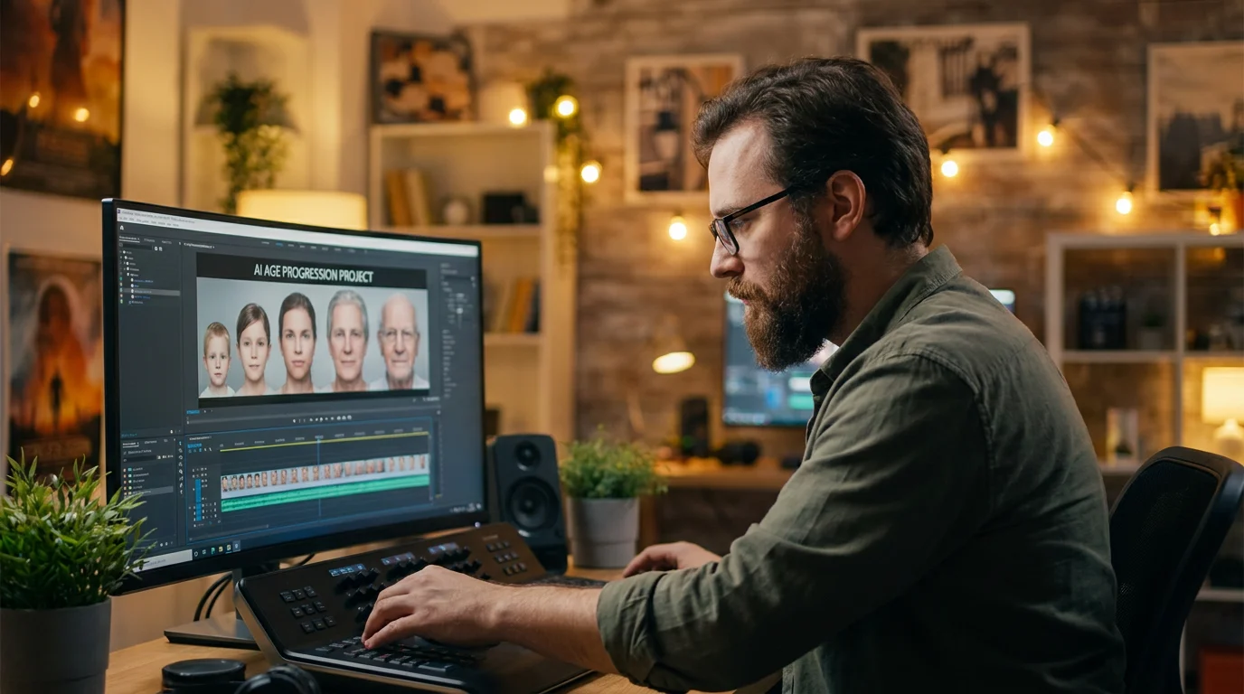 A video editor crafting an AI age progression video in a professional studio, representing the human care behind each AI Life Journey production