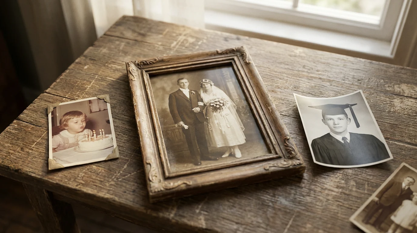 Collection of meaningful family photographs arranged on a wooden surface representing memories used in a cinematic photo video