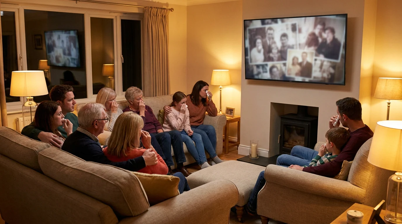 Multi-generational family watching an AI life journey tribute video together, emotional moment after choosing to revive old photos with AI