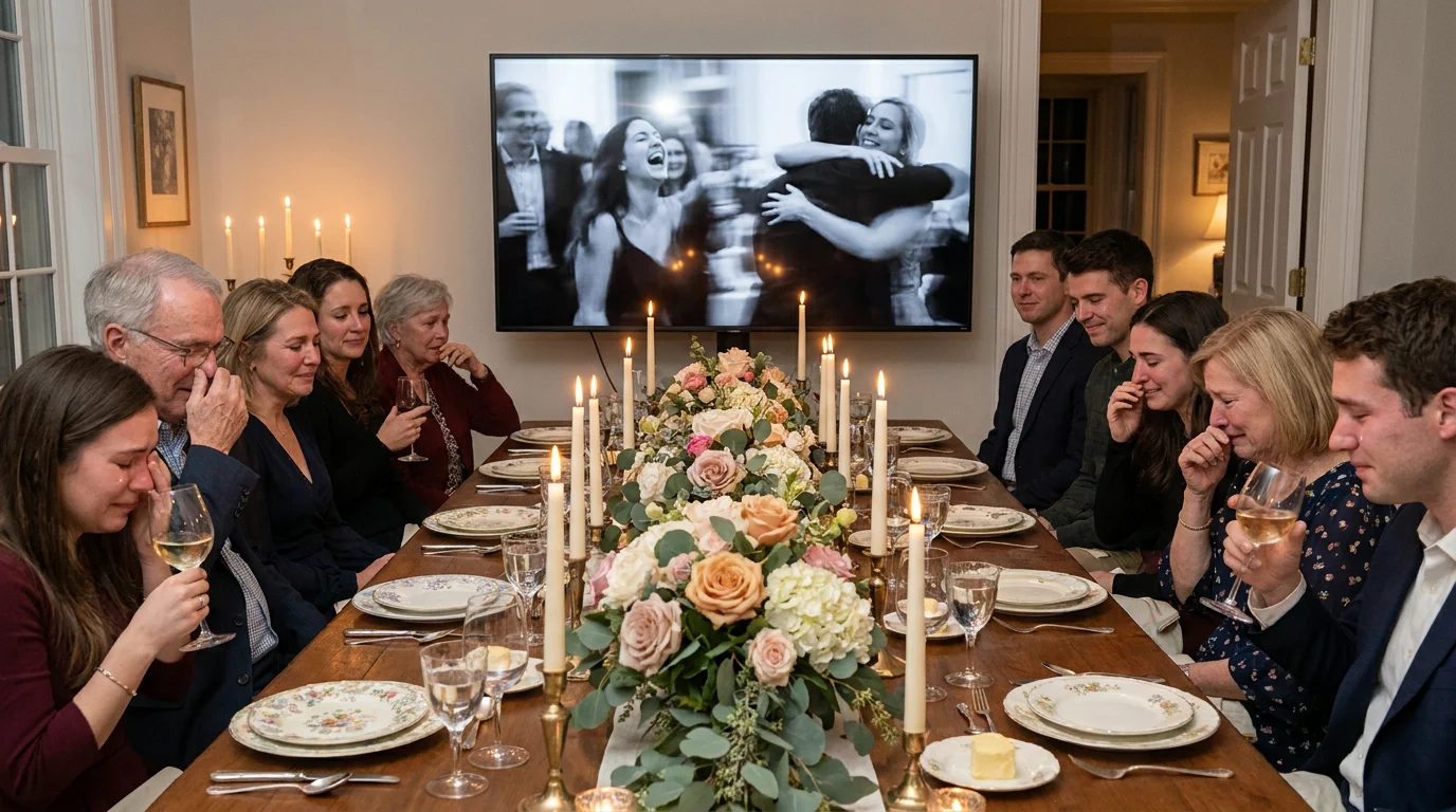 Birthday party guests watching an emotional cinematic birthday video from photos on a large monitor, candlelight atmosphere, tears and smiles