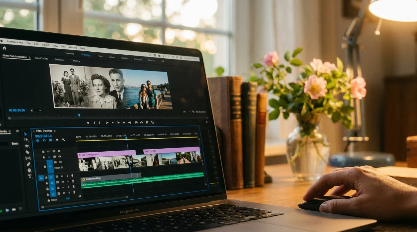 Laptop showing anniversary video AI editing timeline with vintage couple photos in a warm home office setting