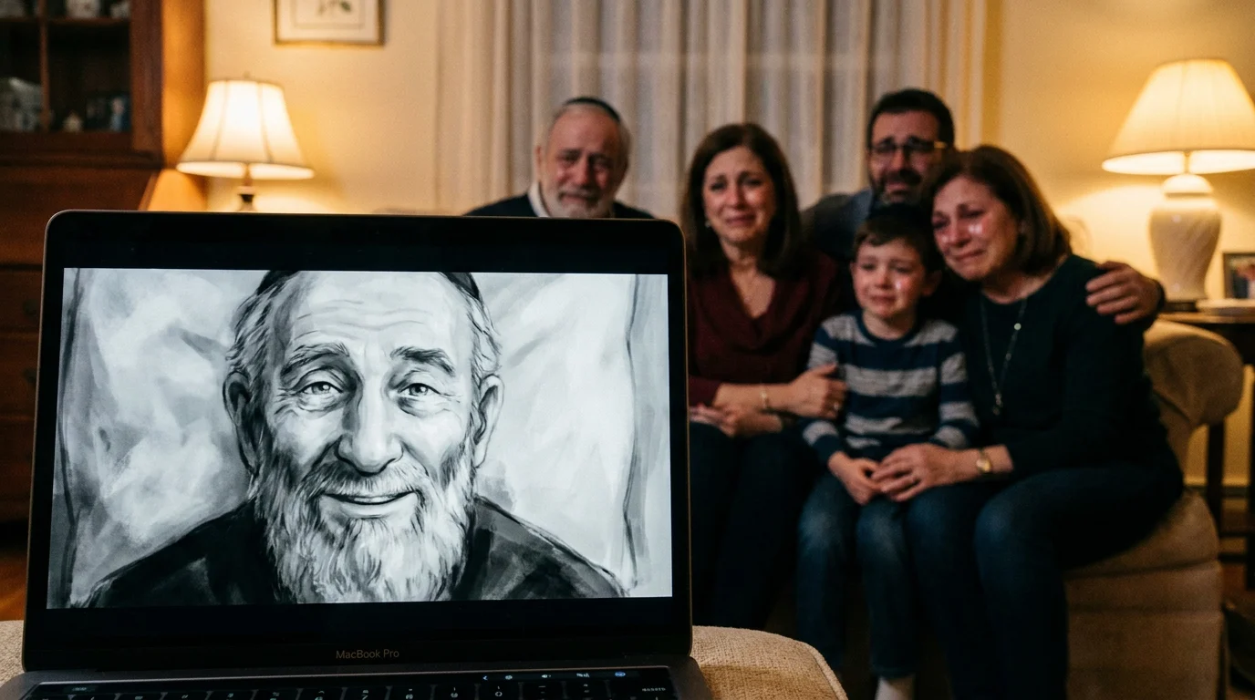 Family watching an AI-animated bar mitzvah video on a laptop, cinematic life journey tribute bringing generational photos to life