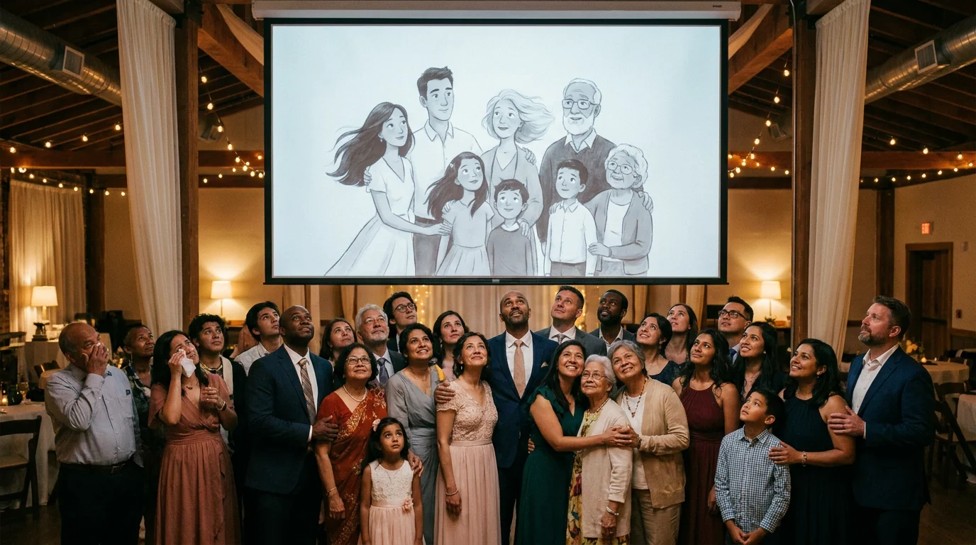 Family gathered at a milestone celebration watching an emotional memory video projected on a large screen with tears and smiles