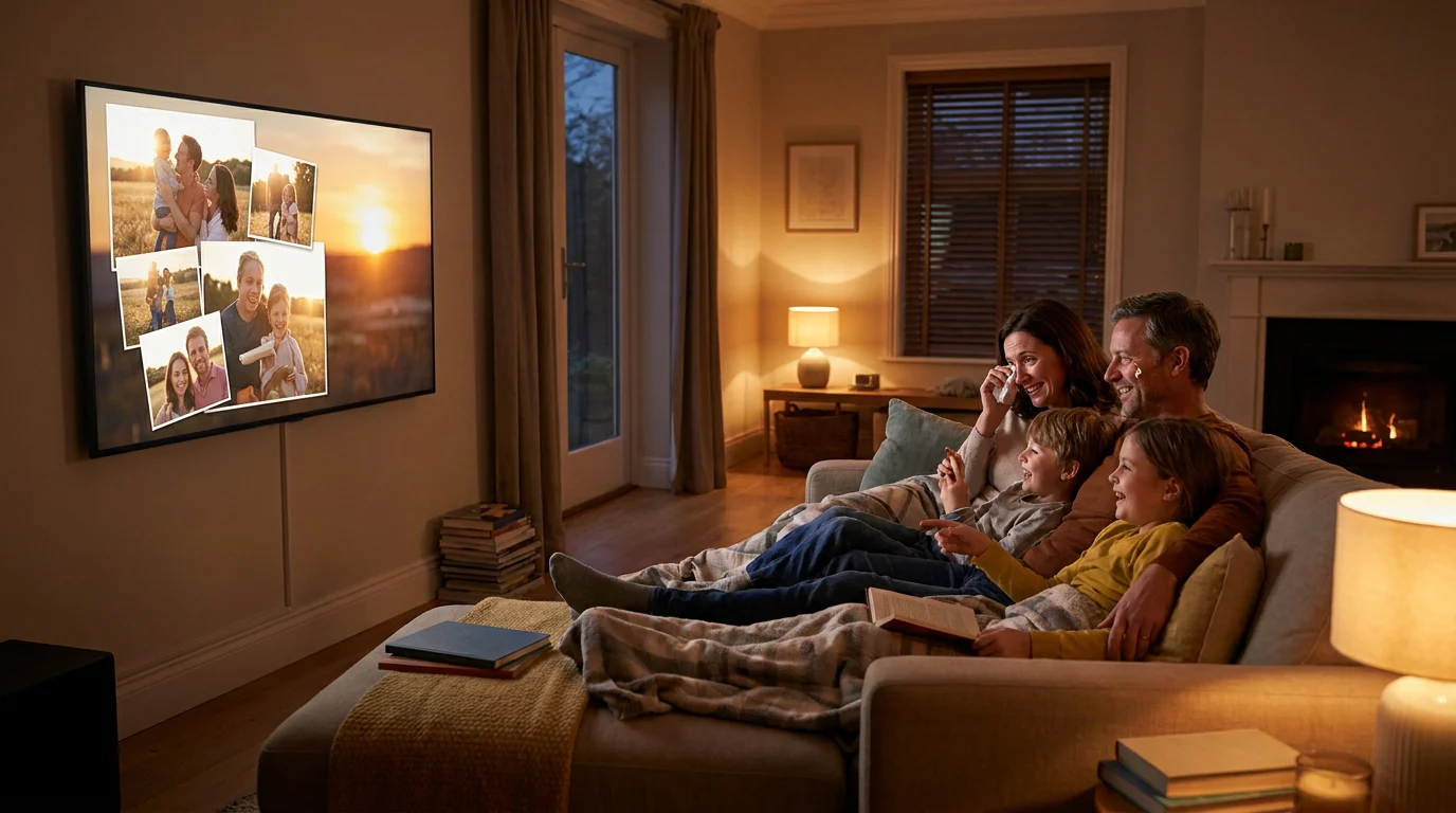 Family watching an emotional childhood to adulthood video together in a warm living room, faces lit with joy and nostalgia