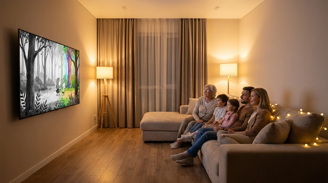 Family watching an AI aging video tribute together on a living room screen, multigenerational emotional moment