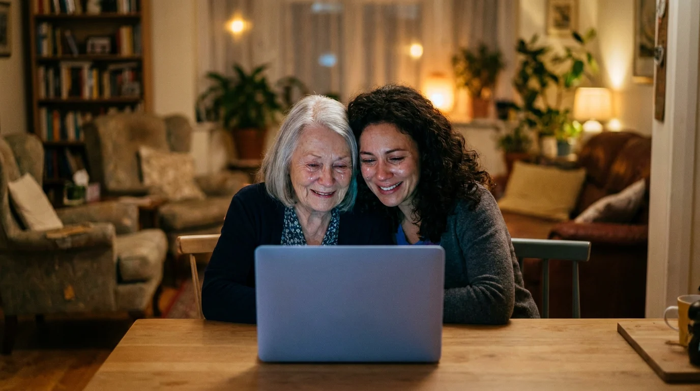 Elderly mother and adult daughter emotionally watching a family memory video together on a laptop in a cozy home setting