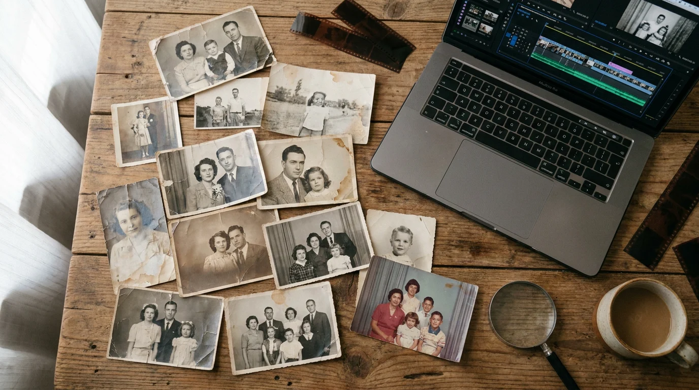Old family photographs arranged near a laptop with video timeline, illustrating the workflow behind creating a professional old photo restoration video