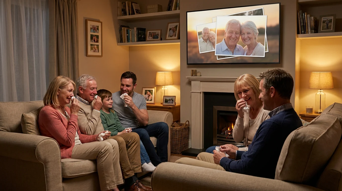 Family watching a cinematic memory video tribute together on screen, emotional moment of shared grief and celebration of life