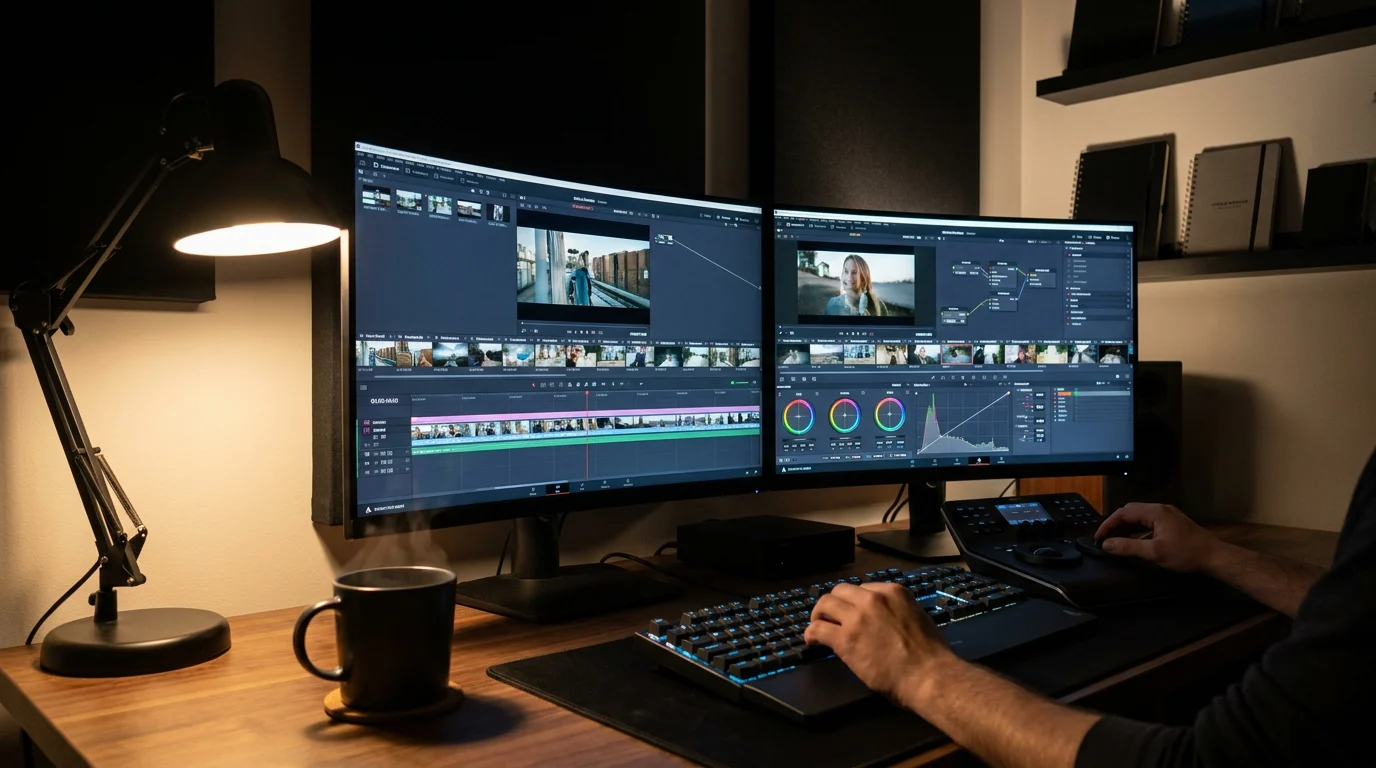 A professional editor crafting a cinematic life story video from photos on a dual-monitor workstation with warm studio lighting