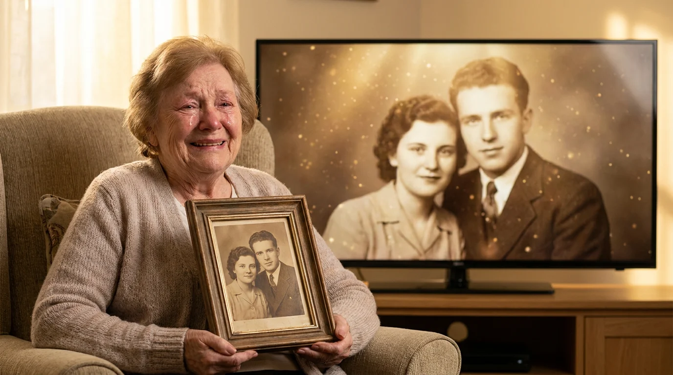 Elderly woman moved to tears watching her photo slideshow AI animation tribute, still photo transformed into cinematic glowing motion on screen behind her