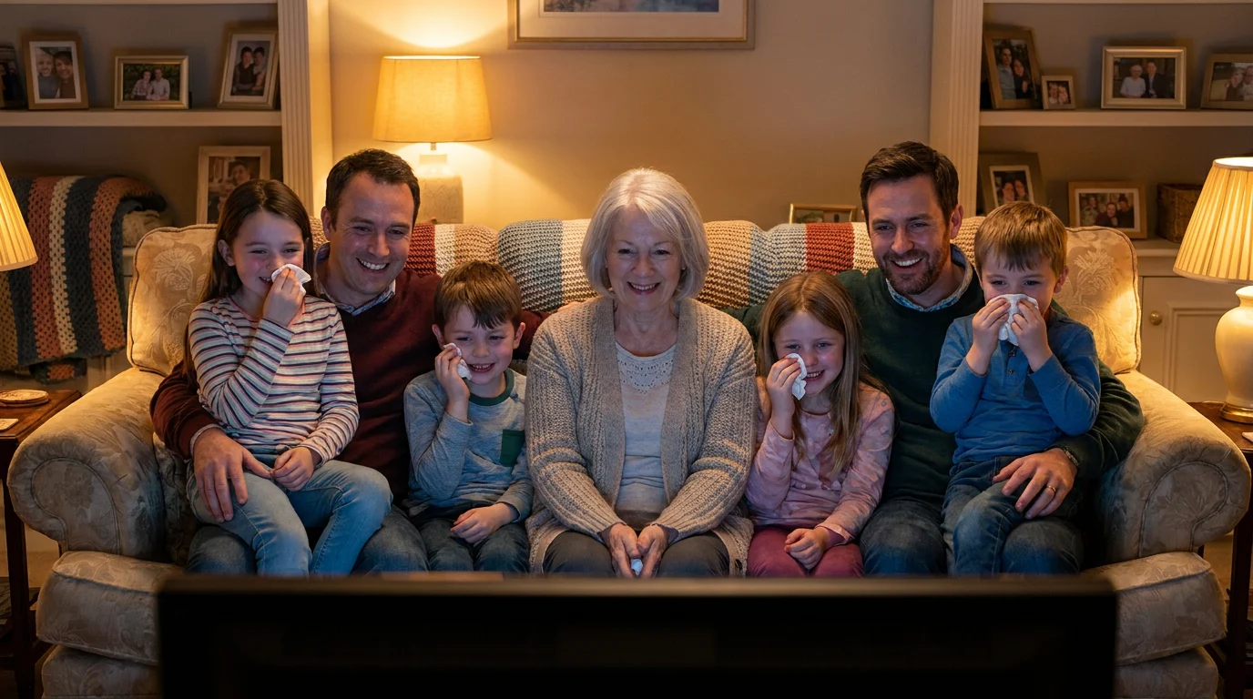 Retired woman watching her AI life journey video gift with family at home, sharing an emotional and joyful generational moment