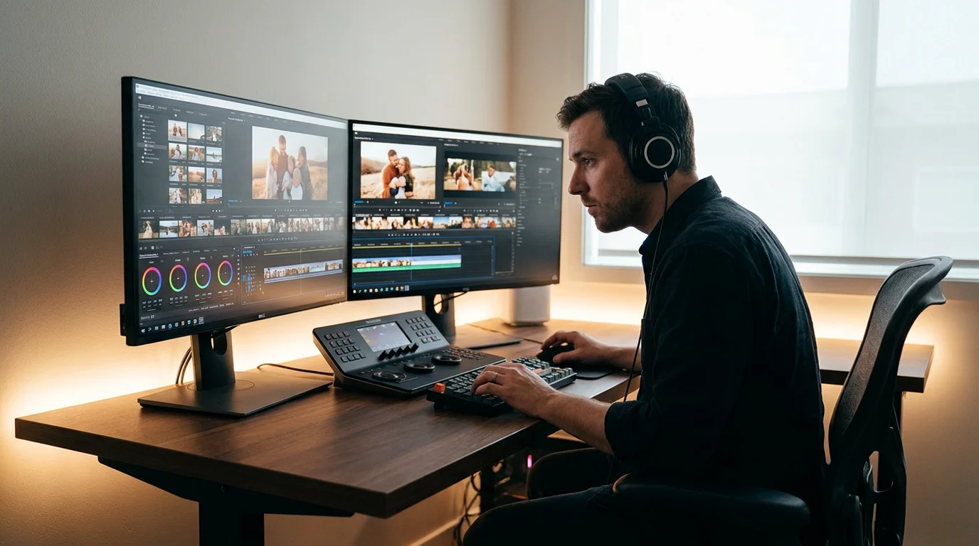 Professional editor working on a life journey video package and pricing project at a modern workstation with cinematic photo timelines on screen